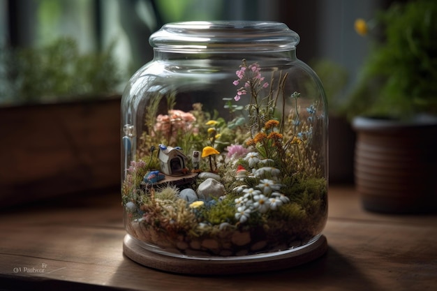 Sprookjestuin met kleine planten en delicate bloemen in glazen pot gemaakt met generatieve ai