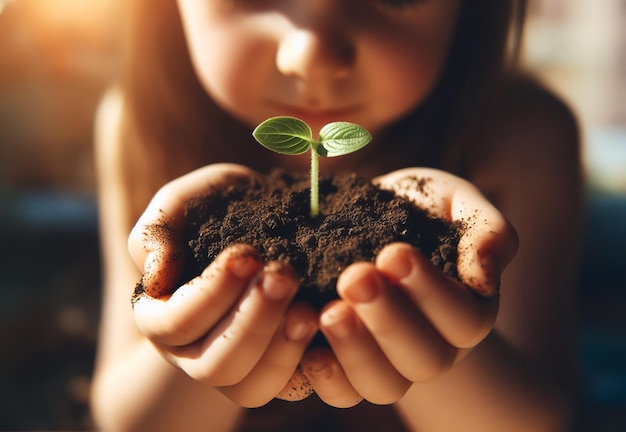 A sprout blooming in the soil held in a childs hand