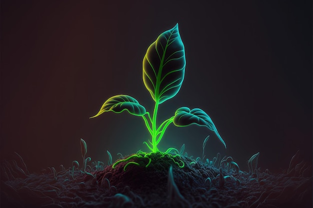 A sprout emerging from the soil glow in the dark background