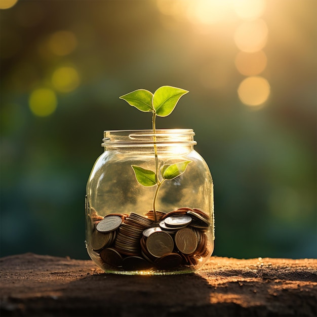 Photo sprout growing on glass piggy groth and saving money