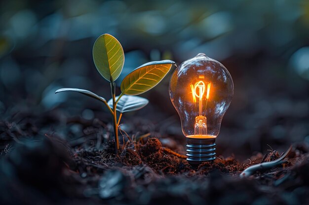 A sprout making its way through the soil and a burning incandescent lamp