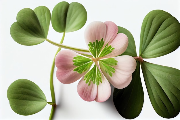 Foto trifoglio verde a quattro foglie germogliato su delicati petali rosa isolati su sfondo bianco