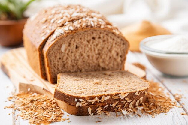 Photo sprouted grain bread with crumbs surrounding it