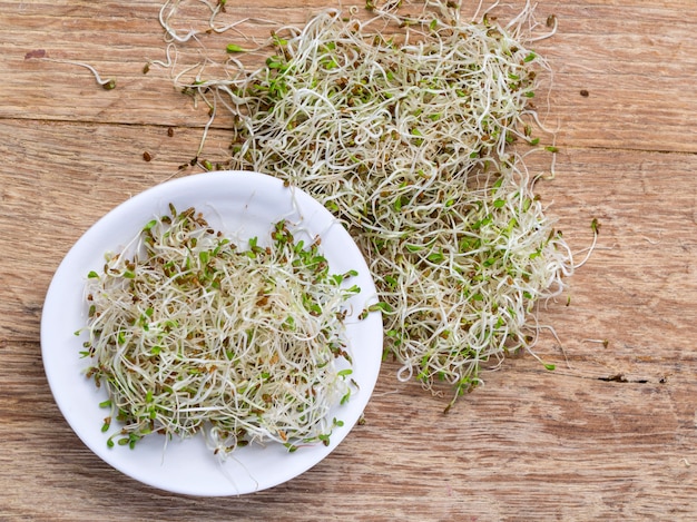 Photo sprouted  seeds in a ceramic bowl on the wooden table