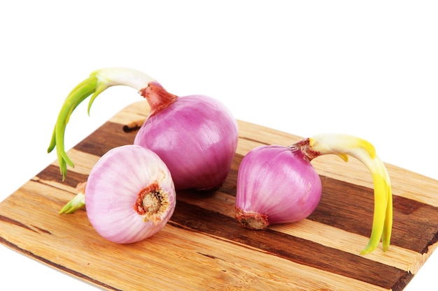 Sprouting onions on board isolated on white