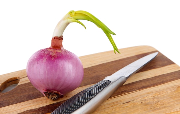 Sprouting onions on board isolated on white