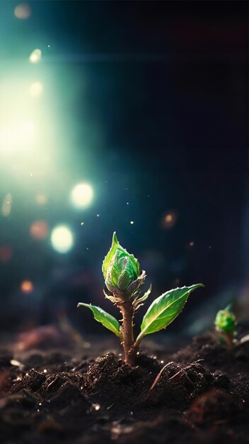 Sprouting plant bud on soil with cinematic bokeh background and empty space for text portrait