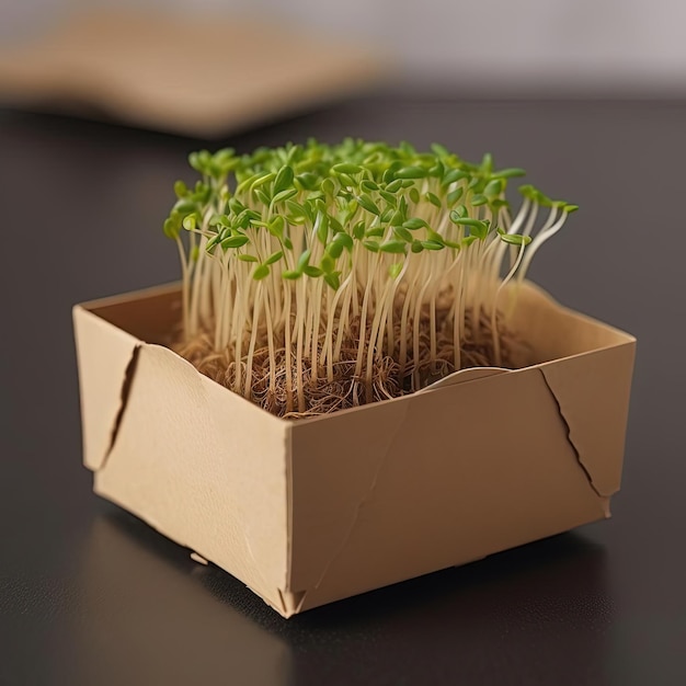 sprouting sprout in a brown paper box in the style of selective focus