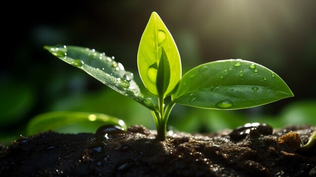 Sprouts of fresh greenery on the soilselective focus nature Generative AI