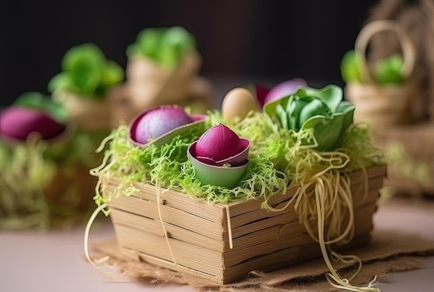 sprouts from cabbage and red onions and baby lettuces in a wooden basket