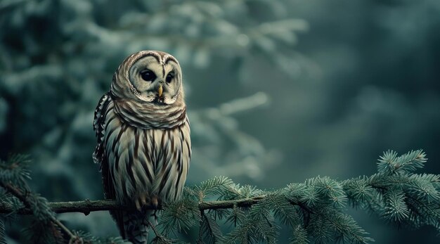 a spruce barred owl is perched on a pine tree branch