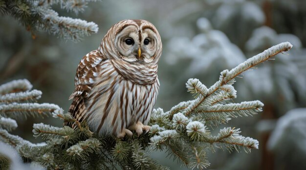 a spruce barred owl is perched on a pine tree branch