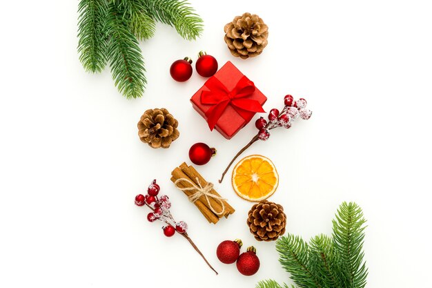 Spruce branch and toys on Christmas or New Year Decoration