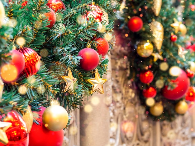 Spruce branches decorated with toys New Year's and Christmas decor