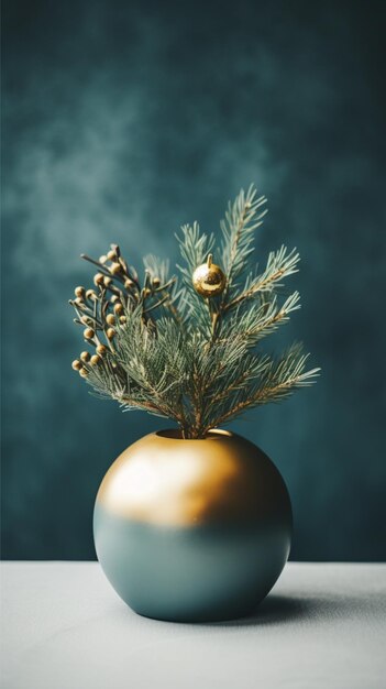 Foto rami di abete in piedi in un vaso d'oro sullo sgabello decorazione natalizia minimalista foto di alta qualità