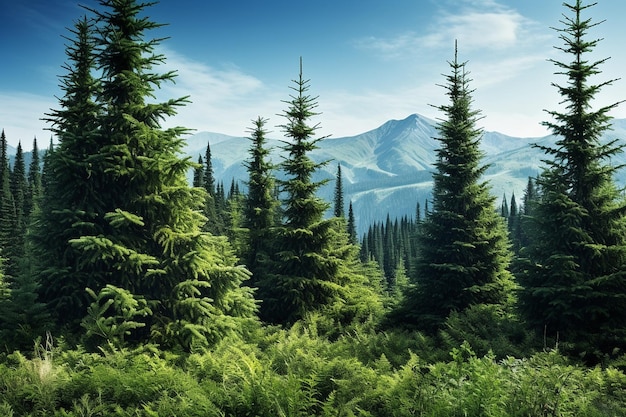 Photo spruce forest background with mountain backdrop