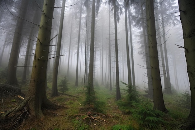 Spruce forest in the fog with ethereal atmosphere