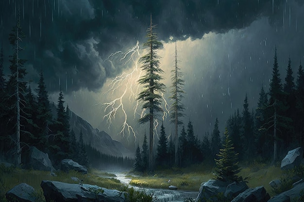 Spruce forest on stormy day with lightning and thunder