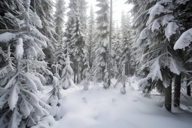 Spruce forest during winter blanketed in snow