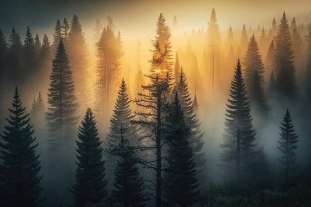 Spruce forest with fog and mist in the morning sunrise