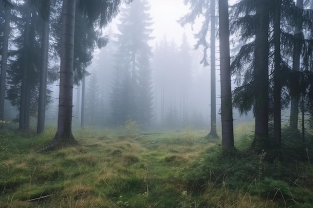 霧のかかった朝霧が地面から立ち上るトウヒの森