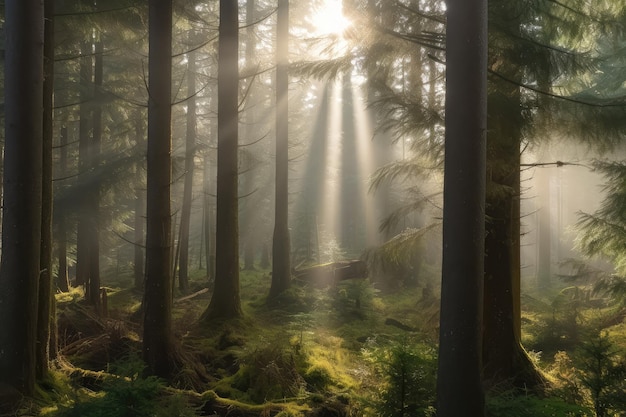 Spruce forest with misty morning light filtering through the trees