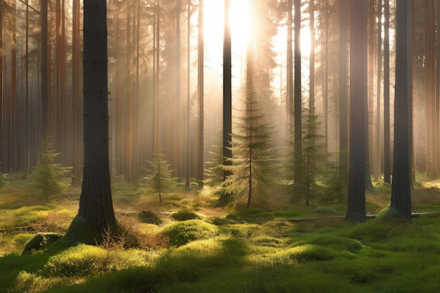 Spruce forest with misty morning sunlight