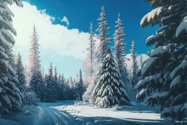 Spruce forest with snowcovered ground and blue sky in the background