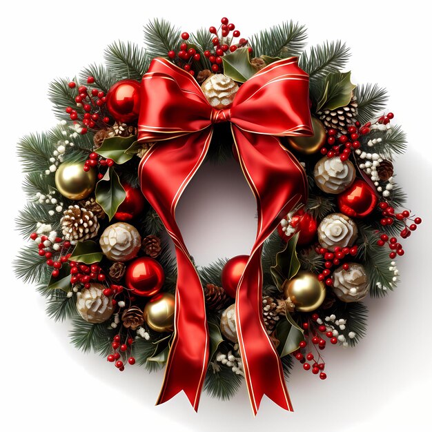 Photo spruce tree wreath and christmas decorations with a red bow