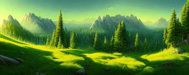 Spruce trees forest summer background against the backdrop of a mountain range in the morning golden hour with sun