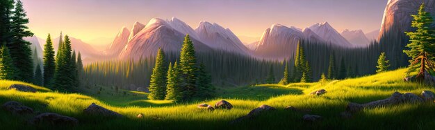 Spruce trees forest summer background against the backdrop of a mountain range in the morning golden hour with sun