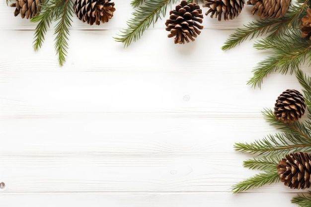 Spruce twigs and cones on white wooden background