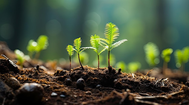 Spruiten van jonge bomen op de achtergrond van het bos het idee voor een webbanner gegenereerd door AI