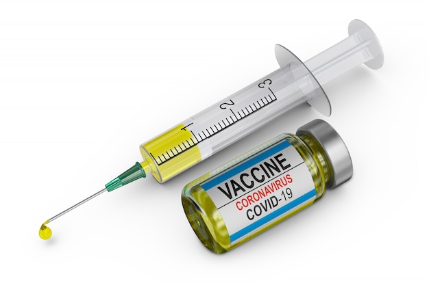 Spuit en coronavirus vaccin op een witte achtergrond