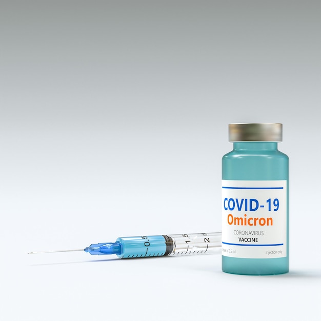Spuit en flacon met vaccin voor omicron-variant van covid-19. 3D render