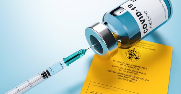 spuit, flacon en geel internationaal vaccinatiecertificaat, vaccinconcept - 3D illustratie