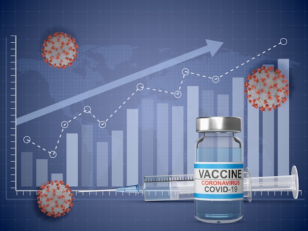 Spuit, vaccin en coronavirussen op de achtergrond van de afbeelding. 3D render.