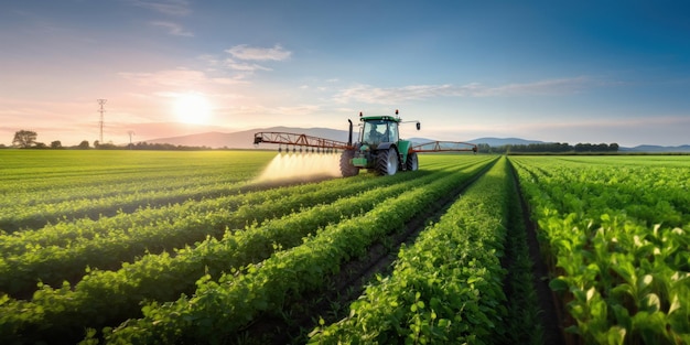 Foto spuiten van pesticiden met tractor- en landbouwveld