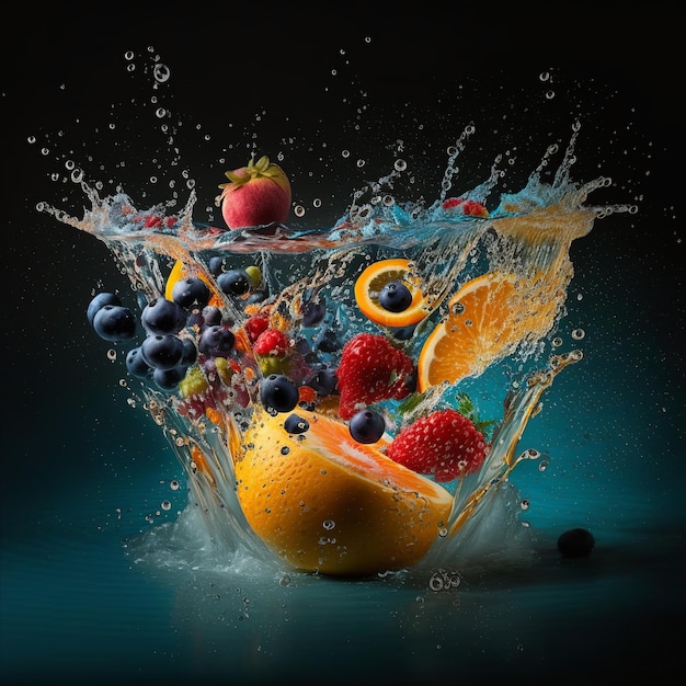 Spurge water van fruit, sinaasappel, aardbei, enz. Fruit achtergrond met water en plons