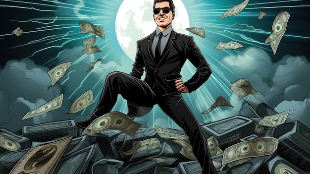 Spy smiling walking on top of a cash pile