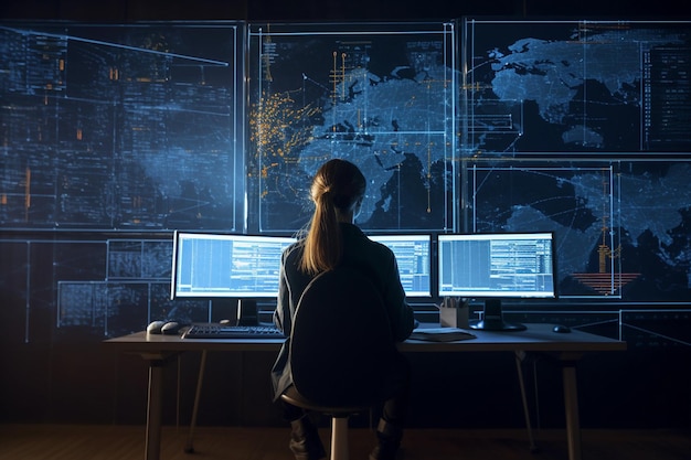 A spy studying complex graphs on multiple monitors