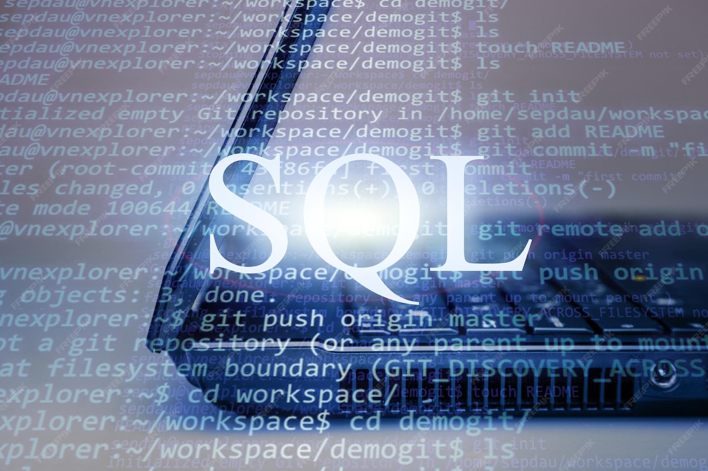 Premium Photo | Sql inscription text against laptop and code background ...