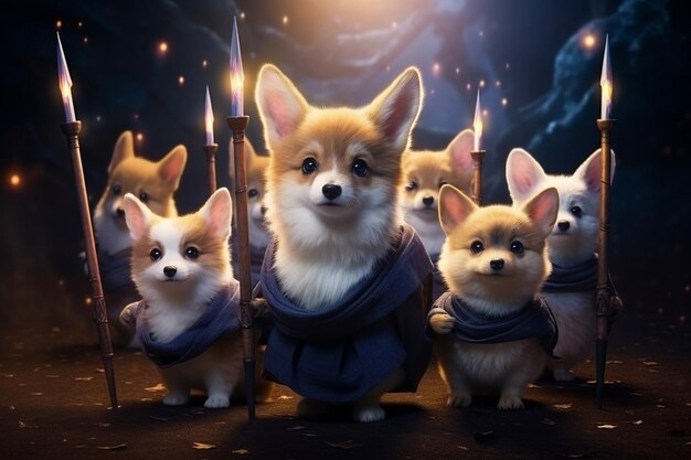 A squad of fluffy corgi puppies in different wizar 00481 00