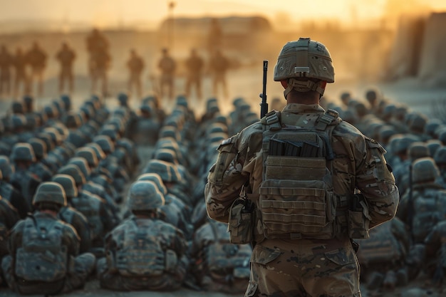 Squad leider richt zich tot militair personeel voor zonsondergang strategische operaties in zanderig terrein