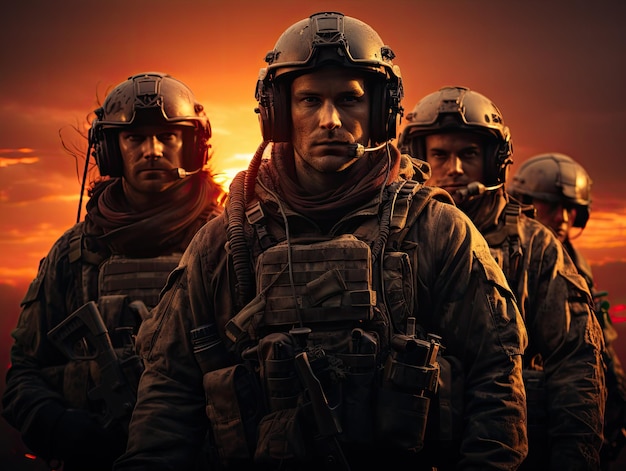 明るい夕日の環境に立つ戦争都市に立つ3人の完全に装備され武装した兵士の分隊