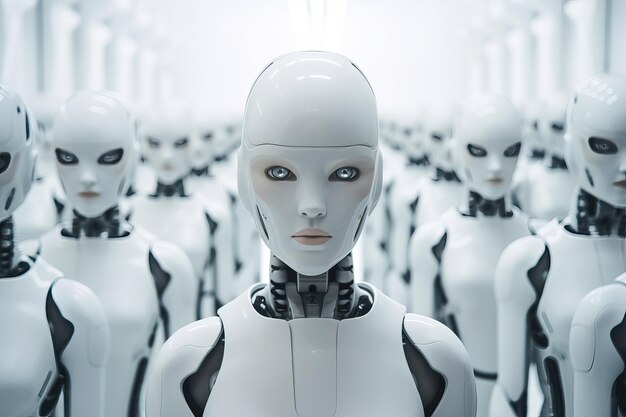 Squad of White Humanoid Robots in Futuristic Corridor