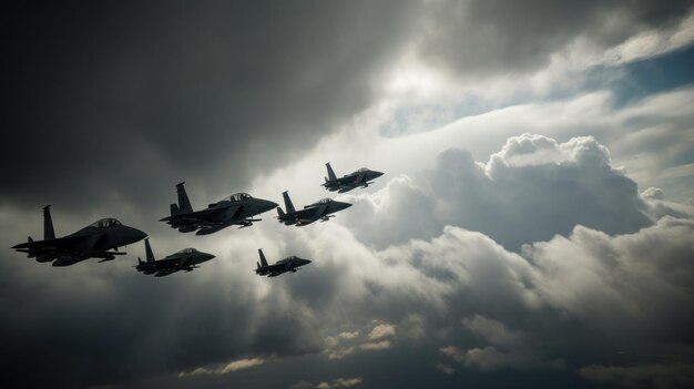 A squadron of fighter jets darting through a cloudy sky leaving trails of white smoke against the vibrant blue canvas