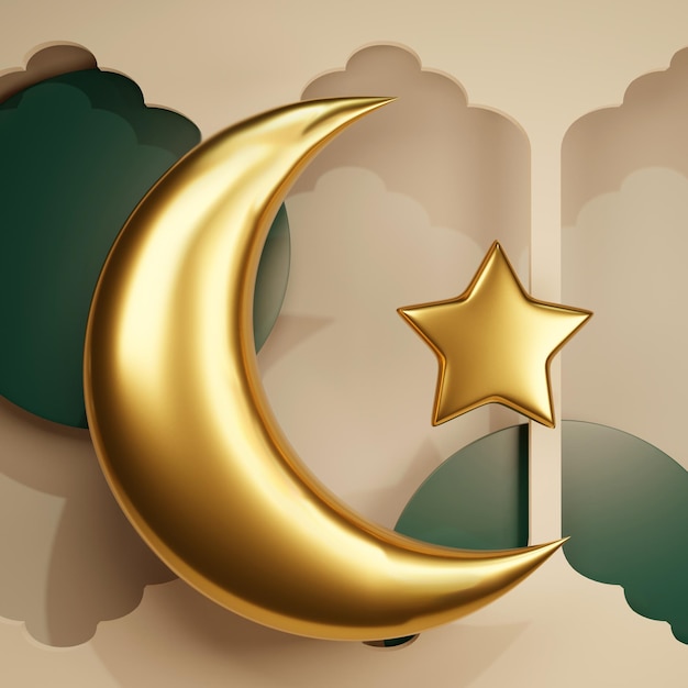 Foto cartolina postale di rendering 3d quadrata con luna d'oro per lo striscione ramadhan kareem decorazione di festa musulmana