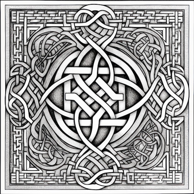 Квадратный арт-зентангл с переплетенными формами, вдохновленными искусством викингов и кельтскими узлами.