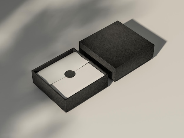 흰색 포장지와 그림자가 있는 테이블에 스티커가 있는 정사각형 블랙 박스 모형, 3d 렌더링